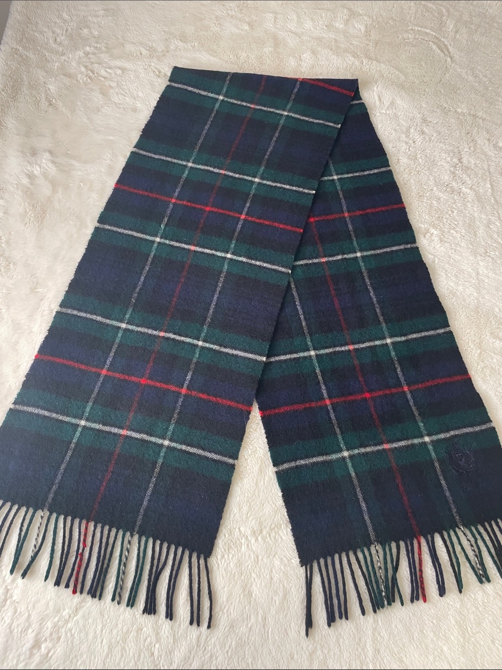 Harrods Navy and Green Tartan Men's Scarf 100% Cashmere